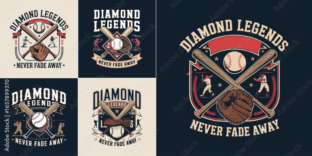 Obraz premium Retro vintage baseball emblem with crossed bats glove ball and players for sports team logo and t shirt design