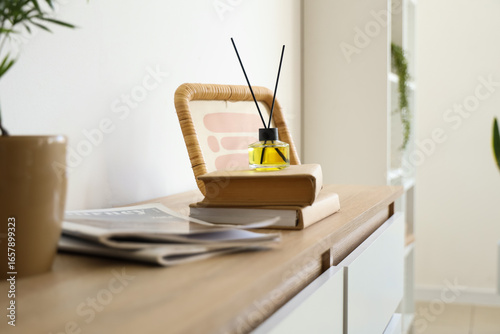 Aroma diffuser, books, maga...