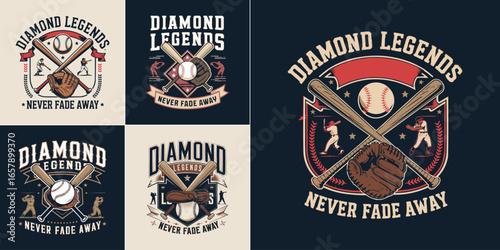 Retro vintage baseball emblem with crossed bats glove ball and players for sports team logo and t shirt design