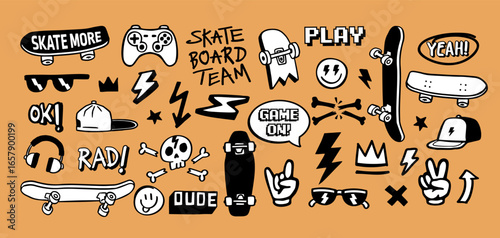 Cool skateboard and gaming doodle vector set with boards, skulls, controllers, lightning, and street style elements. Perfect for stickers, t-shirts, posters, digital art, and apparel design.