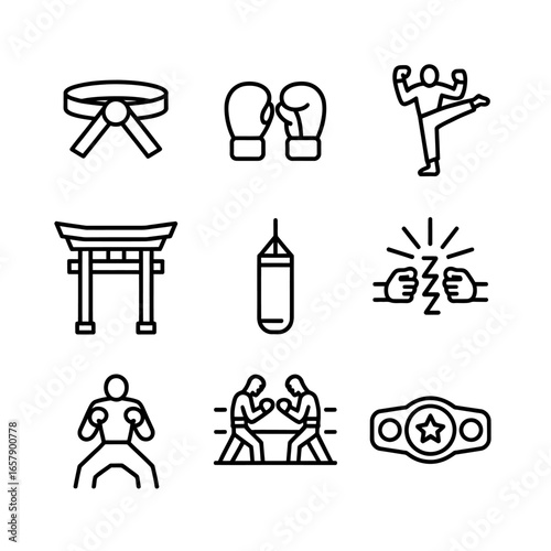 Martial Arts and Combat Sports Icons Collection in Black and White for Sport and Fitness Enthusiasts and Designers