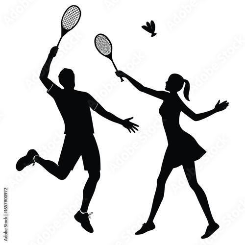 Male and female badminton players in action sport silhouette