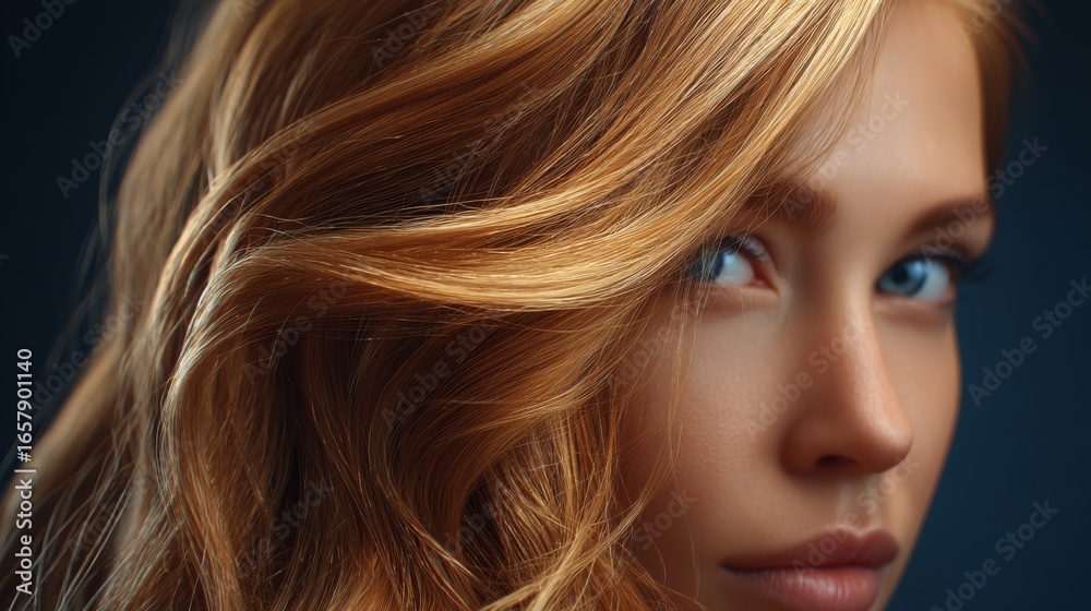 Naklejka premium Radiant Aura: A close-up portrait of a woman with lustrous, flowing locks of golden-brown hair, and a subtle, warm complexion. The intense gaze of blue eyes captivates the viewer.