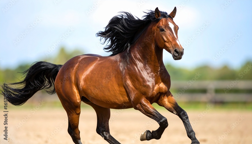 Obraz premium A Stunning Image Shows A Powerful Horse In Full Gallop, Showcasing Its Majestic Beauty And Athleticism Against A Natural Background. With Comprehensive Details And Informative Content For