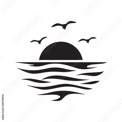 Seagulls flying over a sunset or sunrise on the sea. Black silhouette icon of sun, birds, and water reflection, vector logo design.
