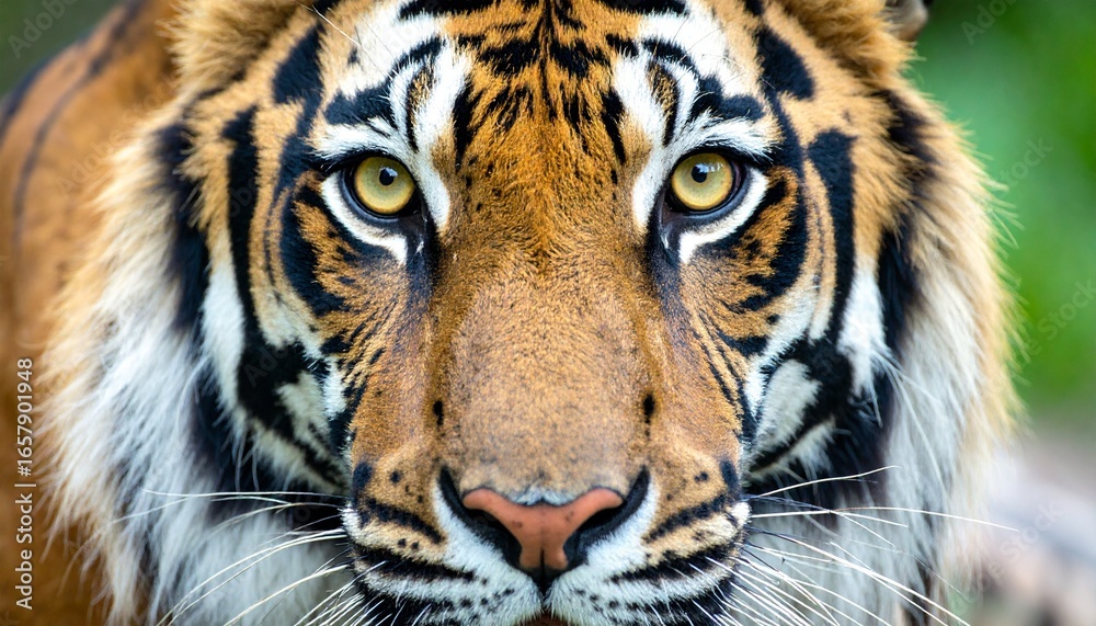 Fototapeta premium A Close Up Depiction Of A Majestic Tiger S Face, Showcasing Intricate Details Of Fur, Eyes, And Nose A Stunning Wildlife Portrait For Nature Enthusiasts.