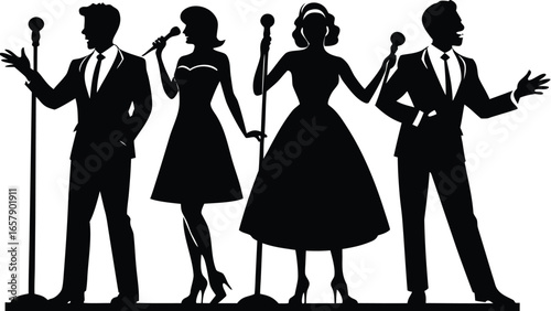 Singers performing with microphones black silhouette