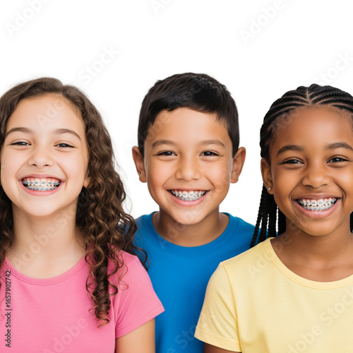 diverse kids with braces smiling on Isolated transparent background png. generated with AI