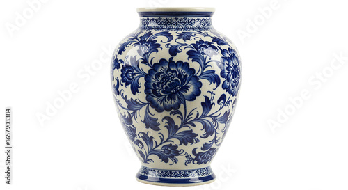 Elegant blue and white porcelain vase with floral pattern isolated transparent background PNG, Realistic