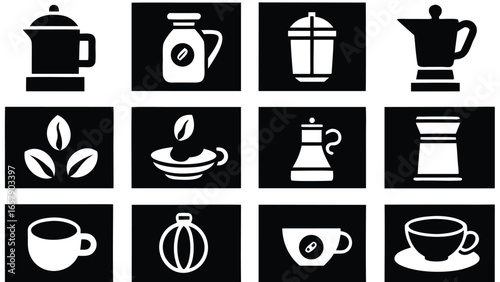 Stylized coffee icons black and white kettle