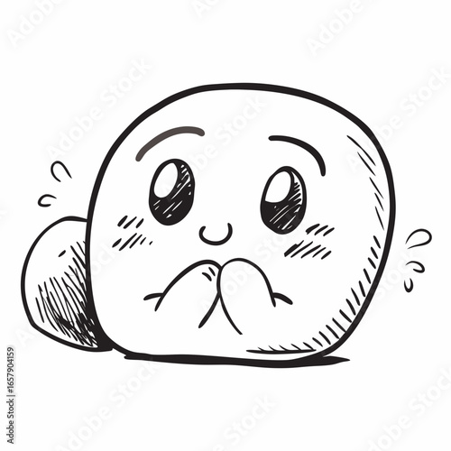 Sketch of a cute, shy emoji character with big eyes and hands covering the mouth, expressing nervousness and embarrassment, perfect for emotional expression and character design projects