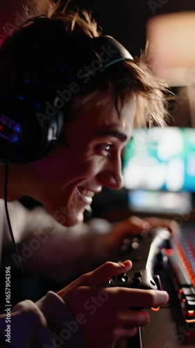 Young gamer focused on intense competition at esports event in a dimly lit venue