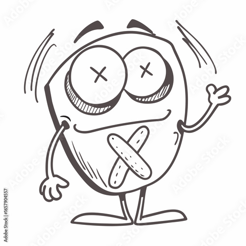 Whimsical cartoon character with crossed-out eyes and taped mouth, symbolizing silence and muteness, hand-drawn doodle with expressive lines, conveying a playful yet serious concept