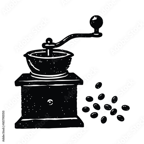 Vintage black coffee grinder with beans black and white