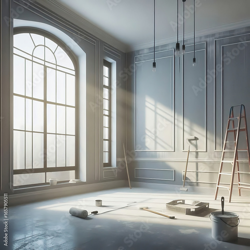 Renovated room with large windows. Painter's ladder, paint bucket and tools