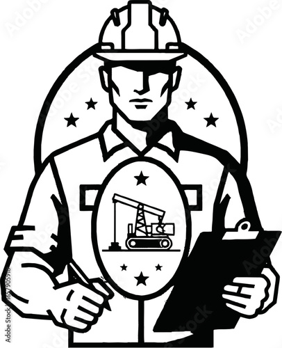 A construction worker, wearing a hardhat, meticulously reviews plans, overseeing oil rig operation.