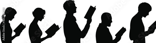 Reading, silhouette, people, book, education, study, learning, student, library, profile, black, vector, knowledge, academic, concentration, posture, side view, man, woman, child, quiet, habit, illust