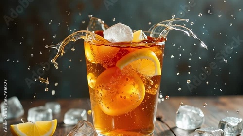 Refreshing iced tea splash with lemon and ice cubes, perfect for summer refreshment and beverage advertising.