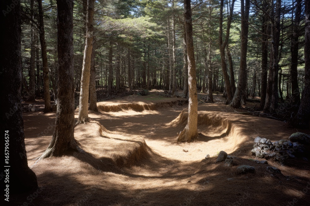 Fototapeta premium Sunlight filters through a dense forest, illuminating a clearing with earthen curves