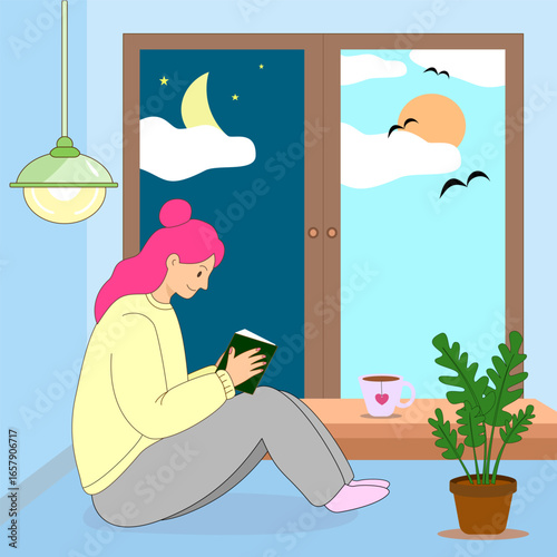 young woman sitting by the window and reading a book with a warm cup of tea and indoor plant. Cozy self care activity, mindfulness, relaxation, stress relief  and mental health concept