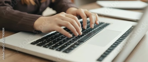 Low angle shot moving across laptop computer keyboard as woman types quickly 4K Video