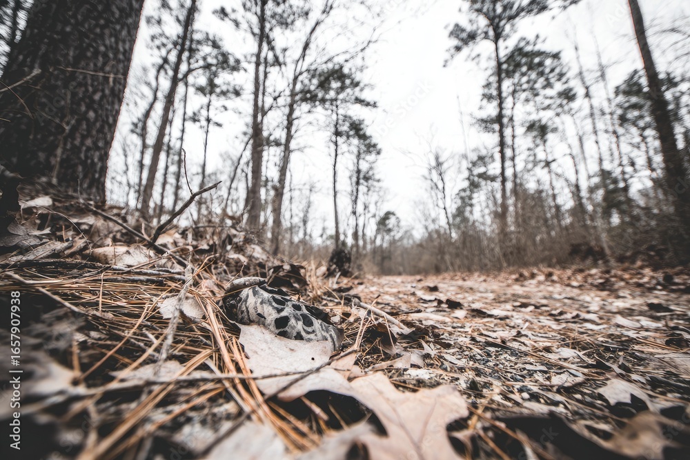 Obraz premium Low-angle view of a forest trail, covered in fallen leaves and pine needles, leading upward between bare trees