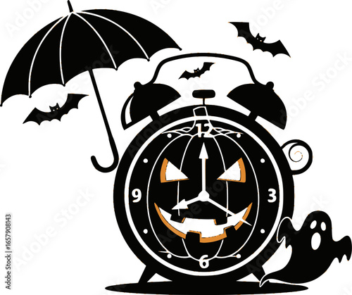 Halloween themed alarm clock with pumpkin umbrella bats and ghost in a festive illustration style
