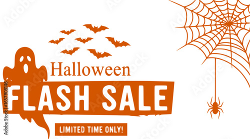 Halloween flash sale advertisement featuring a witch, pumpkin, bat, spiderweb and purple foliage design

