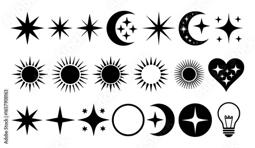 Celestial bodies and light bulb icons including stars moons suns and heart shapes body symbol