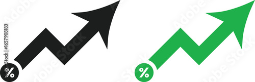 Arrow going up with percentage sign. Import tariffs increasing graph symbol. increasing graph symbol. stock market growth sign. financial chart icons
