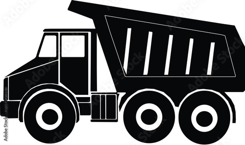 Dump truck silhouette on white background.