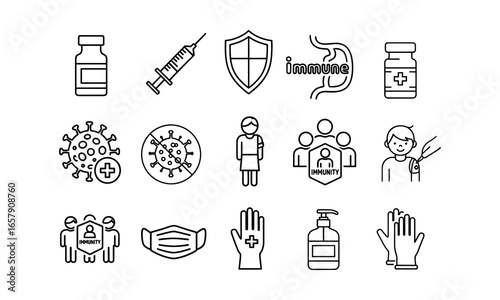 Vaccination and immunity icon set for healthcare and prevention design. Great for vaccination campaigns, immunology, and medical awareness.