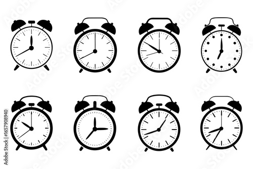 collection of classic alarm clocks silhouette with different times displayed on their faces