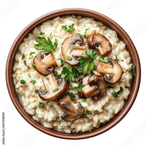 Mushroom Risotto: A culinary masterpiece. creamy and perfectly cooked mushroom risotto, is showcased in a simple shot of high quality from the top view. 