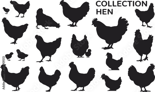 Hen and Chick Silhouette Vector Set, Poultry Icons in Varied Poses, Farm Animal Graphics, Adobe Stock, SEO Design Elements