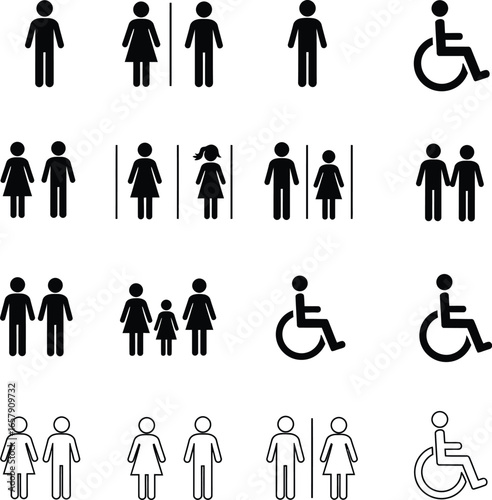 Diverse restroom and accessibility vector icon set, including male, female, unisex, family with child, transgender, and wheelchair accessible symbols in solid and outline styles.