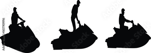 Jet Ski, Silhouette, Rider, Water, Sport, Vector, Clipart, Adventure, Summer, Speed, Black, White, Isolated, Motion, Sea, Ocean, Activity, Sitting, Standing, Outdoor, Recreation