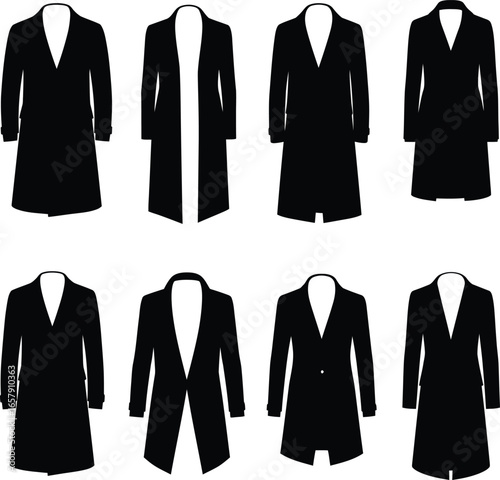 Vector silhouettes of various women's long coats and blazers, including trench coats, pea coats, and classic styles, ideal for fashion design, look books, and clothing illustrations.