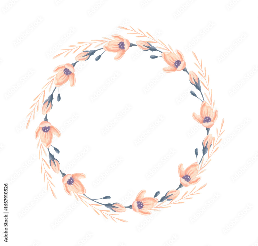 Fototapeta premium Hand-painted watercolor floral wreath with peach flowers delicate leaves isolated on white. Botanical round frame in boho style, perfect for wedding invitations, baby showers, logos or greeting cards.
