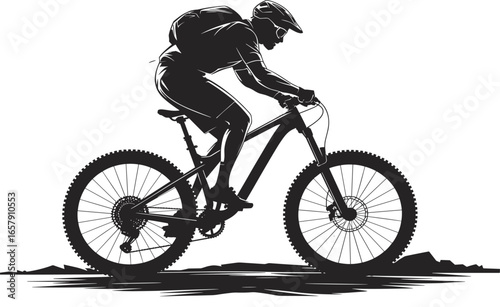 Mountain Biker Silhouette Vector, Off-Road Cycling Pose, Helmet and Backpack Rider, Adventure Sport Icon, Adobe Stock, SEO Graphics