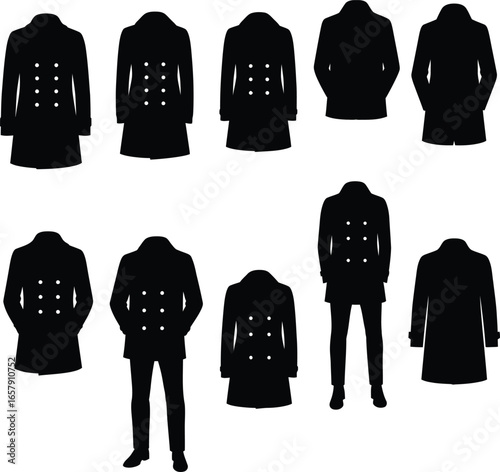 Vector illustration of a collection of black double-breasted pea coat and overcoat silhouettes, isolated on a white background for clothing, fashion, and apparel designs.