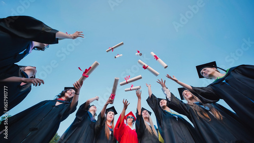 Fotografi Group of students wearing graduation gowns and caps, joyfully throwing diplomas
