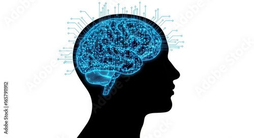 Digital illustration of human brain and technological network