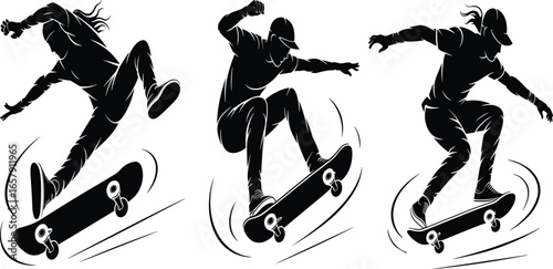 Skateboarder Silhouette Vector Set, Aerial Trick Poses, Motion Lines, Urban Extreme Sports Graphics, Black Icons, Adobe Stock, SEO