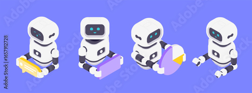 Isometric vector illustration featuring AI robots symbolizing messaging, mobile apps, data analysis, and adaptive interaction in a friendly and modern technological environment.