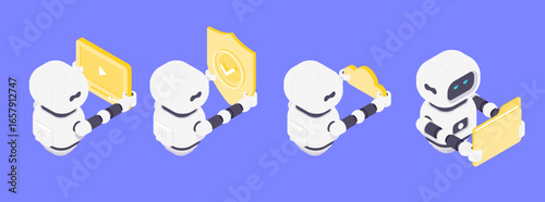 Isometric vector illustration featuring AI robots representing multimedia, data security, cloud storage, and flexible interaction in a modern and friendly technological environment.