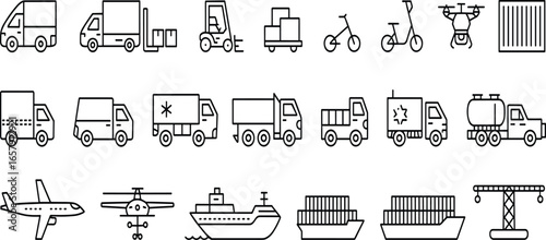 Transportation icons, logistics symbols, delivery trucks, cargo ship, airplane, forklift, drone, scooter, van, container, crane, pallet, box, flatbed, tanker, helicopter, 