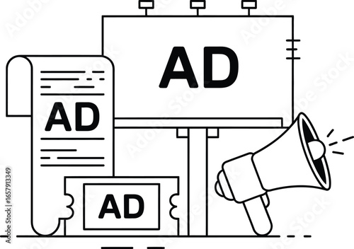 Advertising and marketing tools including billboard megaphone and ticket