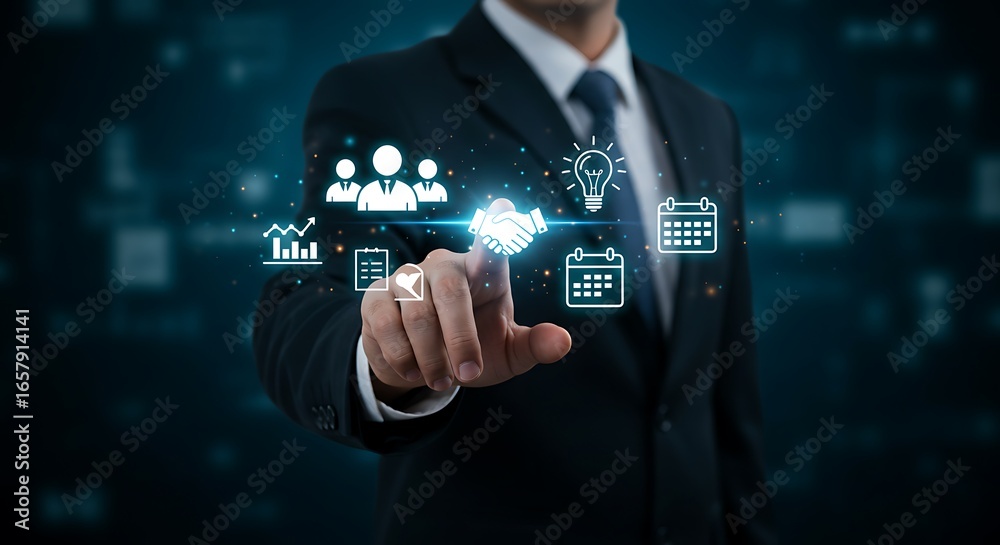 Fototapeta premium Business Professional Interacting with Advanced Virtual Interface System Featuring Holographic Business Process Visualization