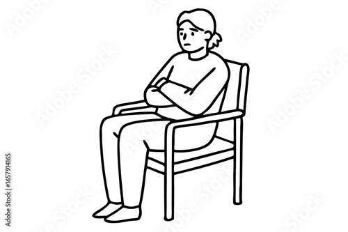 Unhappy person with crossed arms, sitting on a chair, representing sadness and disappointment, isolated with copy space